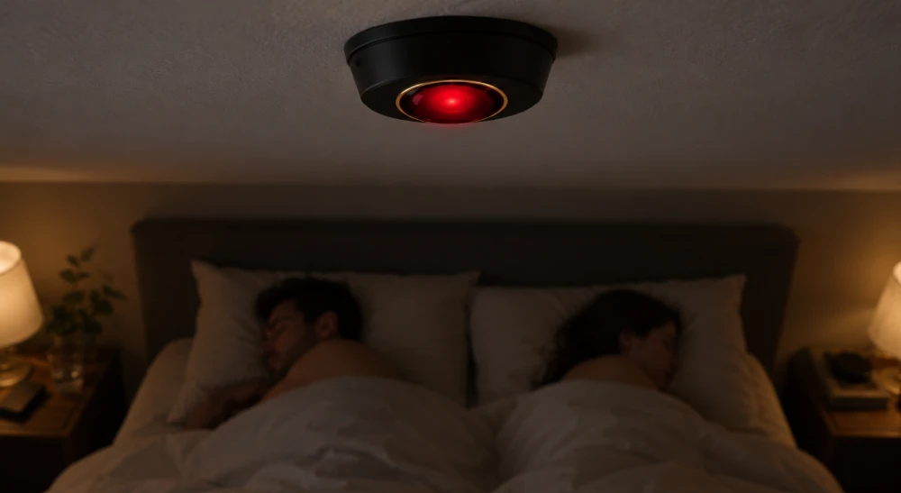 A black ceiling sensor with a glowing red lens hangs above a bed where a couple lie asleep.