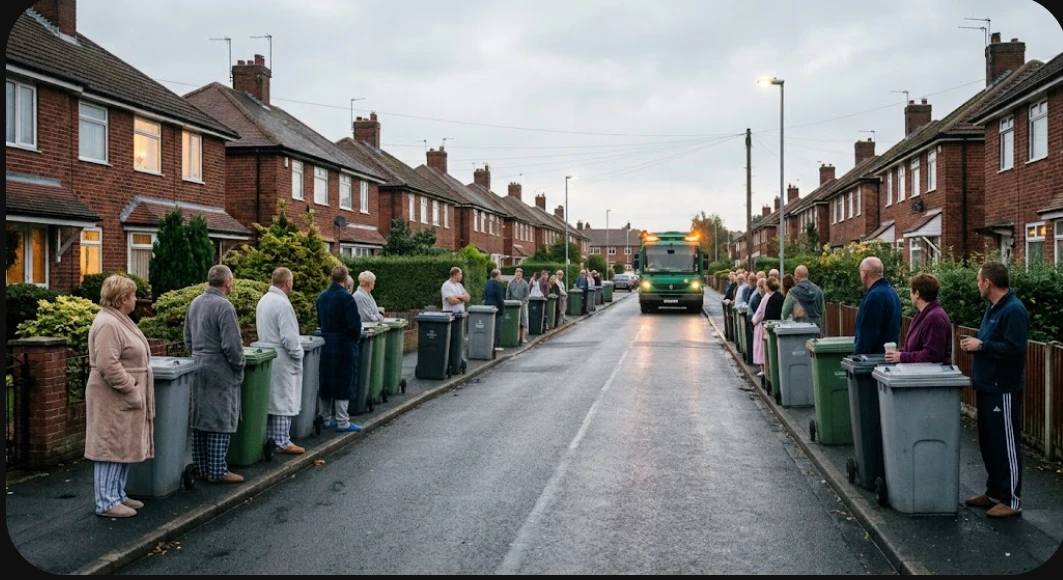 Residents in dressing gowns and pyjamas stand in a line along a terraced street, each beside a wheelie bin, as a dustcart with flashing lights approaches.