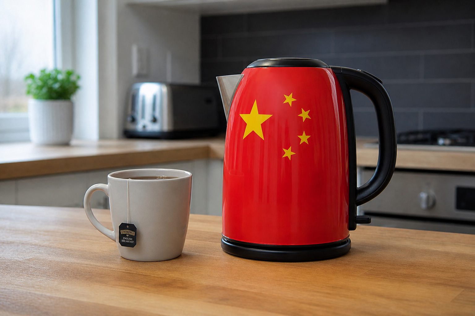 A bright red kettle printed with the stars of the Chinese flag sits on a wooden worktop next to a mug of tea with an English Breakfast tea bag.