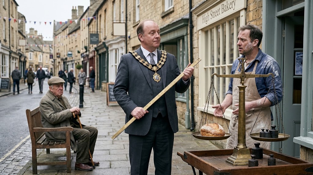 A council leader in a chain of office holds a brass yardstick while a baker stands beside a brass balance scale with a loaf on it, as an elderly man watches from a bench.