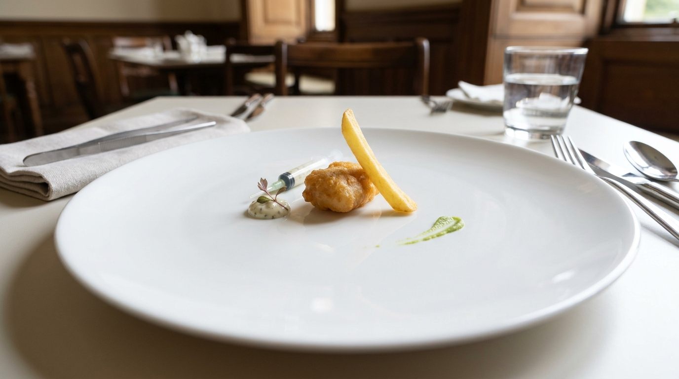 One small piece of battered fish, a single chip, a syringe and tiny smears of sauce arranged on an enormous white plate in a tearoom.